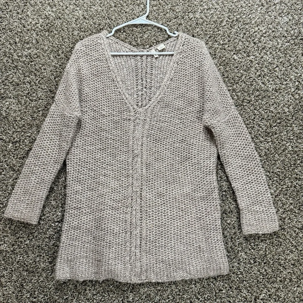 Moth Women XS Beige Chunky Alpaca Wool Blend Deep V Tunic Sweater Cozy Knit Boho